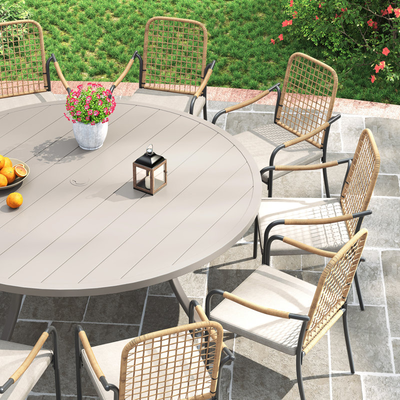10-Person Round Patio Dining Set With Woven Rattan Cushioned Chairs, Sandshell