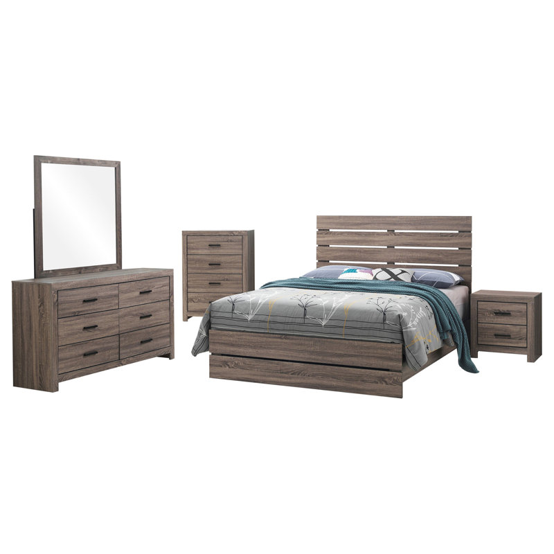Ensemble de chambre avec tête de lit à lattes en chêne 5 pièces Oak, Ensemble de 5 pièces : lit, table de chevet, comm