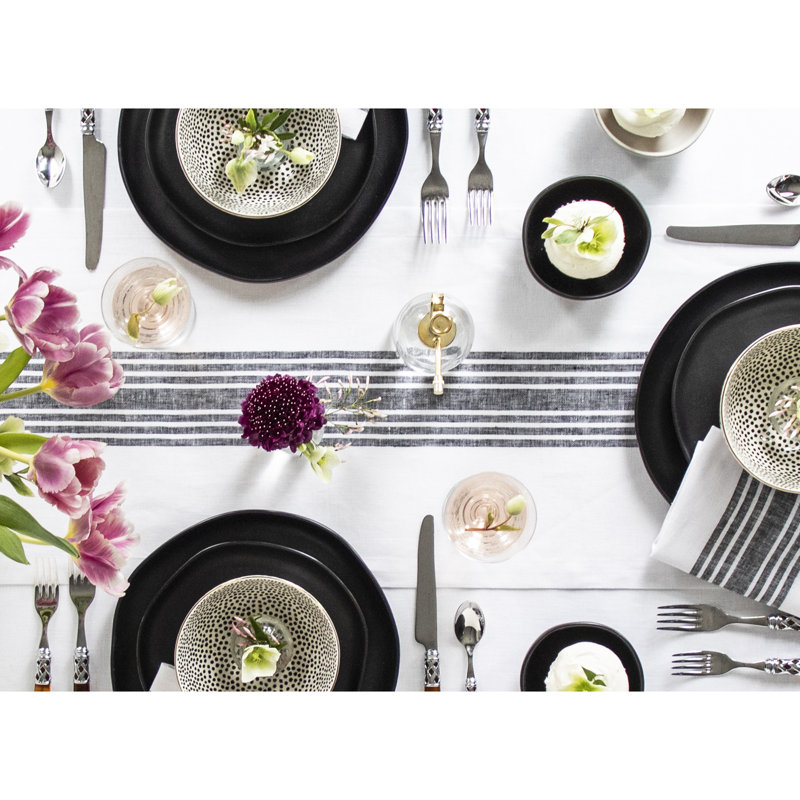 Farmhouse - 100% Pure Linen Table Runner, 60" x 14", Black/White