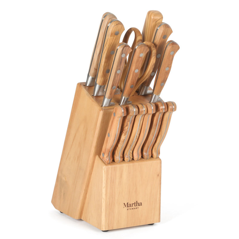 Ensemble de couteaux de cuisine en acier inoxydable allemand Martha Stewart 15 pièces avec poignée forgée en bois d'olivier italien