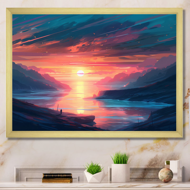 «Stunning Sunset Over The Lake And Mountains I», reproduction d'art sur toile, H 30 po x l 40 po x P 1,5 po, Or