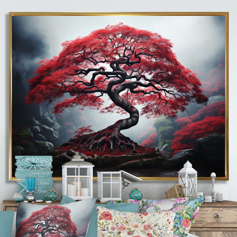 Érable japonais rouge - art mural sur toile Japon, 16" H x 32" W, Cadre flottant doré
