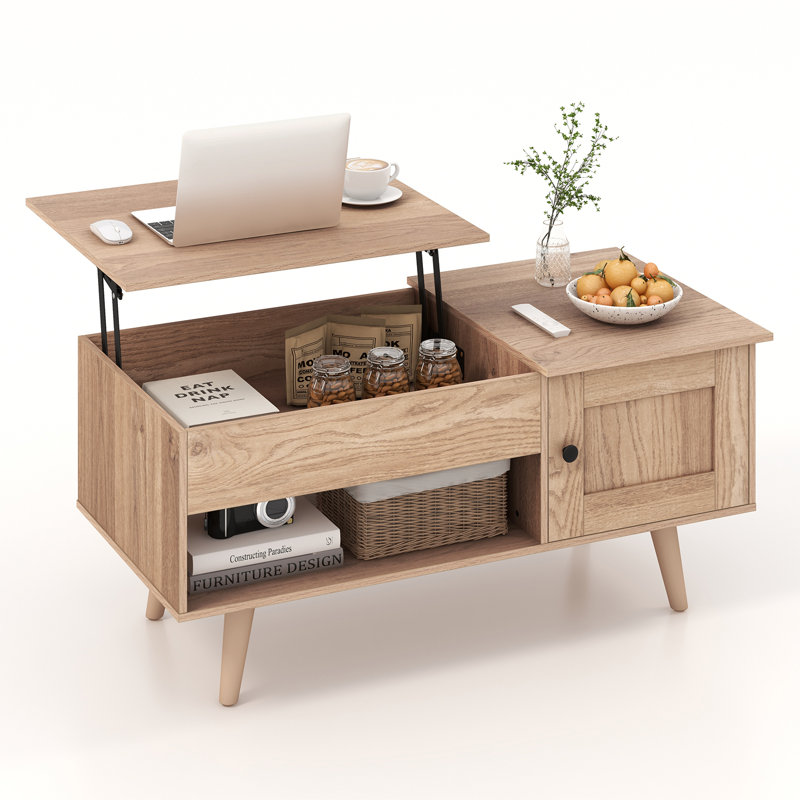 George Oliver Lift Top Coffee Table With Storage Hidden Compartment Cabinet & Open Shelf, Natural