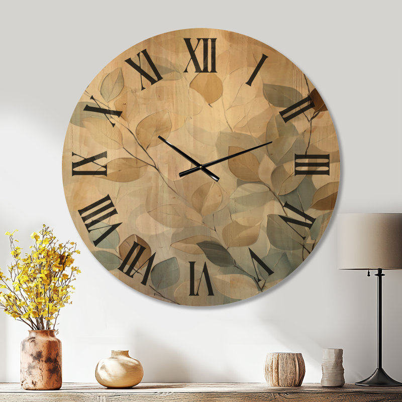 Horloge murale ronde en bois massif bleu avec motif botanique « Feuilles et branches murmurantes », Extra Large