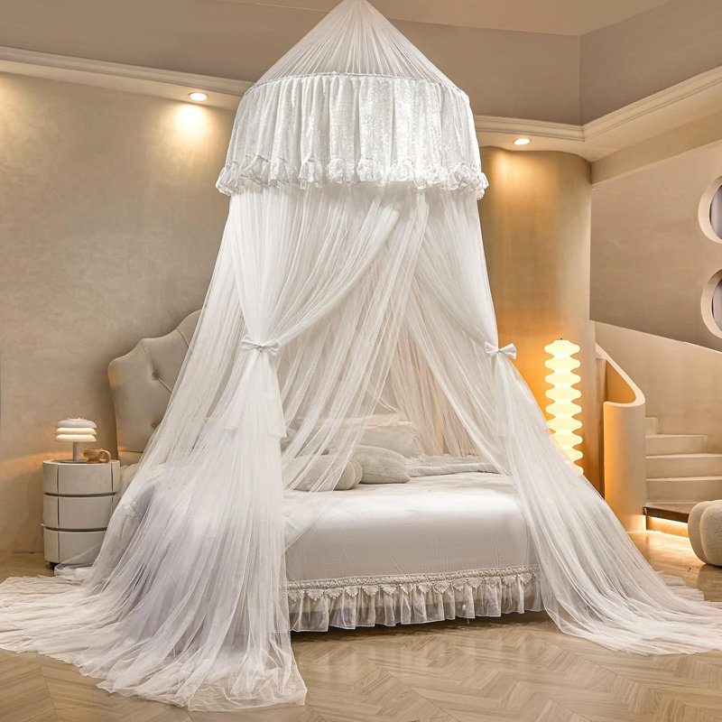 Bed Canopy  – Double Layer Sheer Mesh Dome With Romantic Lace Trim, Dreamy Mosquito Net Tent For Full/Queen