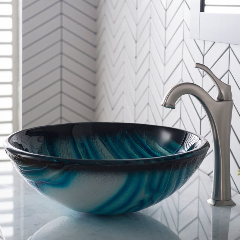 Nature Series Glass Circular Vessel Bathroom Sink with Faucet, Brushed Nickel