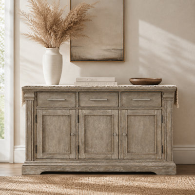 Hewitt 60" Transitional Sideboard – Wire-Brushed Grey · 3 Drawers & 2 Cabinets · Nickel Tone Hardware