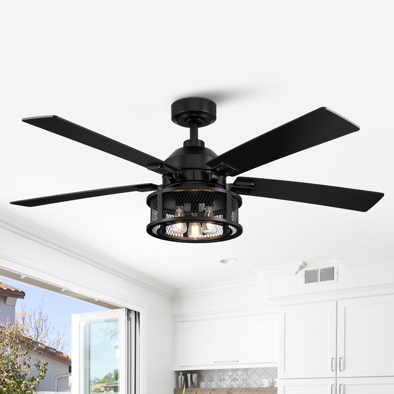 Rippeon 52'' Ceiling Fan with Light Kit, Black with Black/Pine Blades