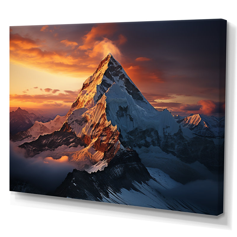Montagnes jaunes enneigées au coucher du soleil, sommet de l'Everest II - paysage de montagnes, art mural, Toile tendue