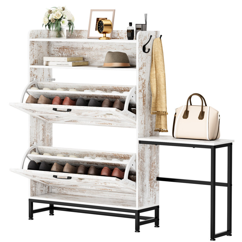 Armoire à chaussures grande capacité - blanc avec tablettes ouvertes pour le vestibule et le couloir en blanc, 2 tiroirs rabattables et fentes réglables, rangement, maison de style rétro rustique