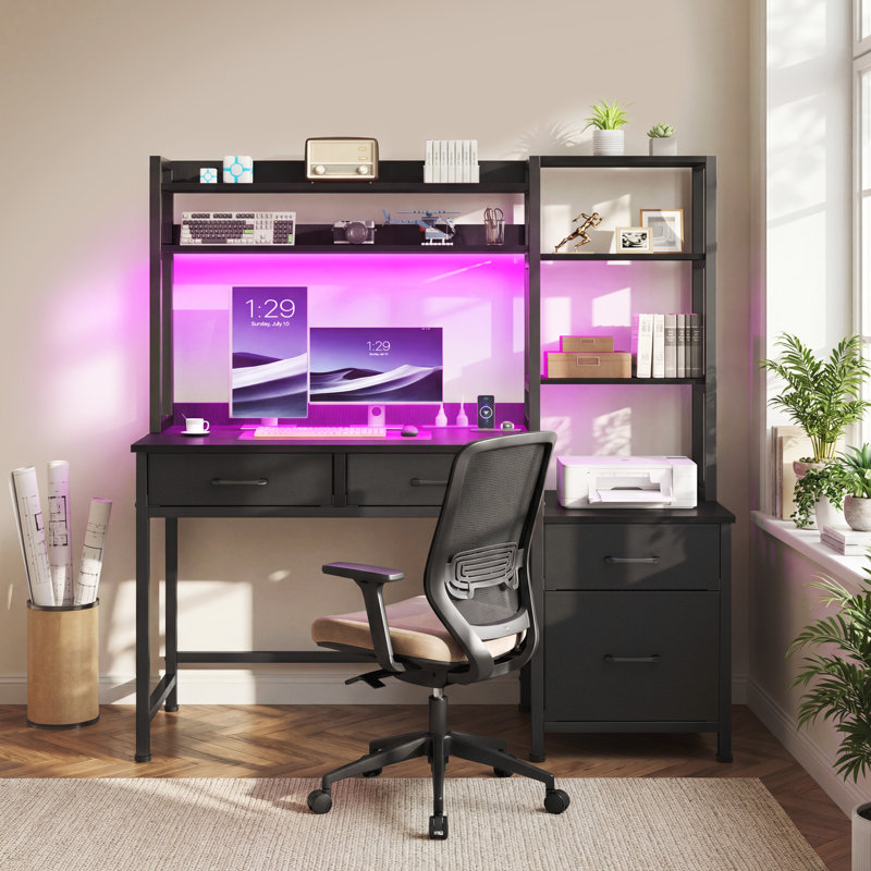 MDF Iron Computer Desk with Built-In Electrical Outlet, 150cm H x 128cm W x 50cm D, Black