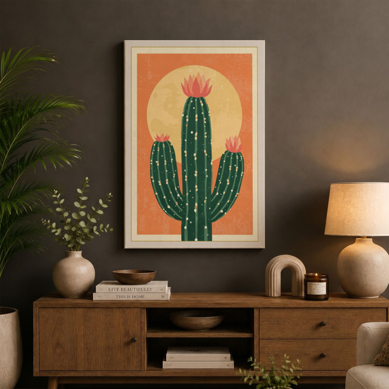 Saguaro at Sunrise Retro - Wrapped Canvas, 24x16 - 61.0 x 40.6 cm, Terracotta Border