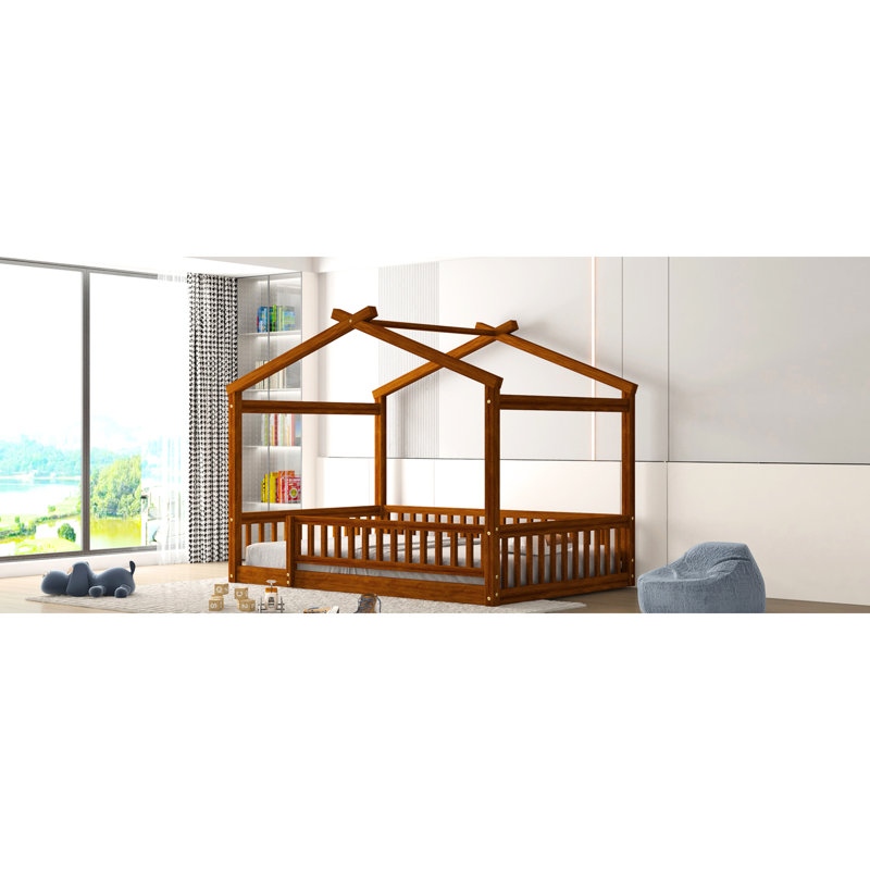 Structure de lit en bois pleine grandeur avec clôture, noyer, pour et les adolescents, fabrication en pin massif, lit de jeu en bois de pin, Sleep One