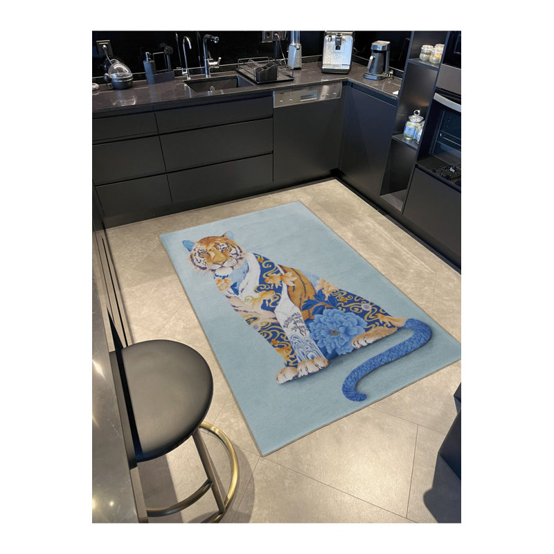 Tapis décoratif moderne à motif tigre lavable à la machine bleu et jaune, Tapis de couloir 3 pi 3 po x 6 pi 7 po inclus