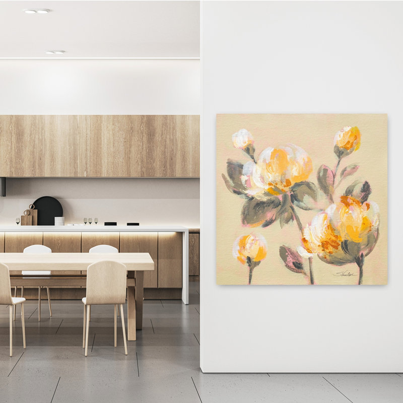 Art contemporain avec pivoines en fleurs et fleurs beiges, H 48 po x l 48 po