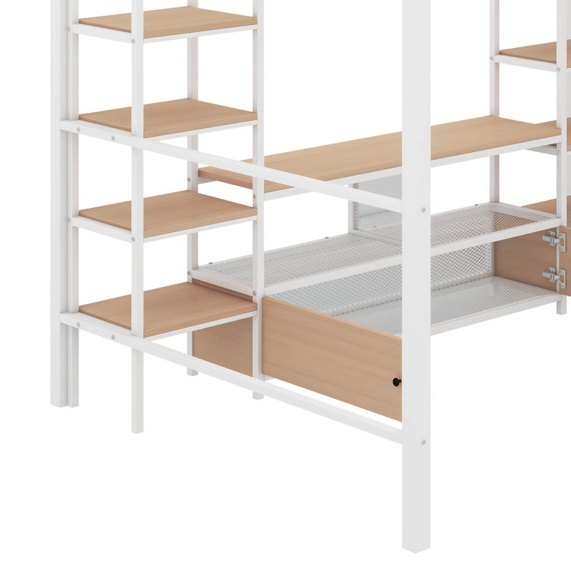 Lit mezzanine double en métal avec escalier, table et tablettes de rangement, Blanc / Naturel