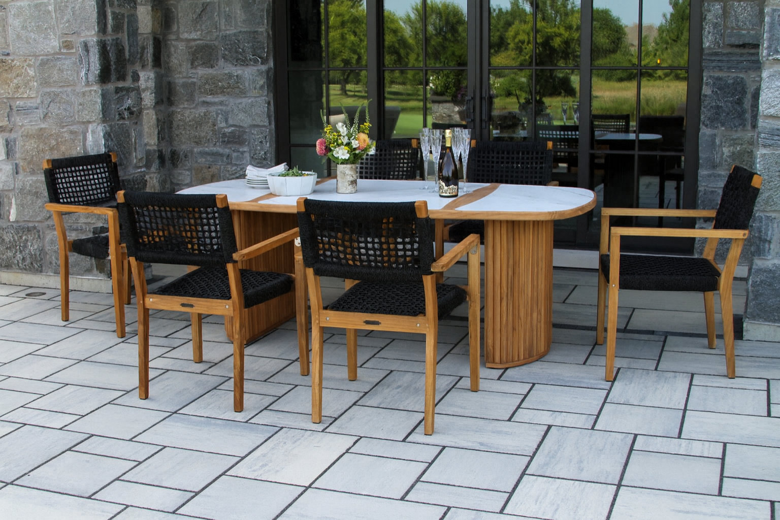 Cava 7 Pc. Teak & Black Rope Oval Dining Set With Orobico Stone Top, White