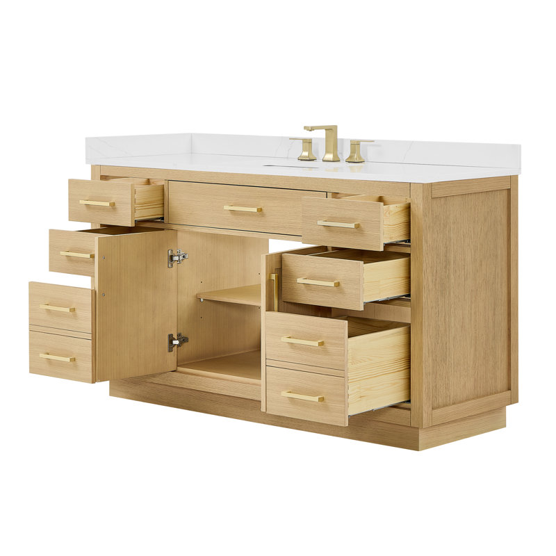 Ensemble de meuble-lavabo simple 60 po Beckett, Chêne foncé, Marbre de culture blanc, Noir mat