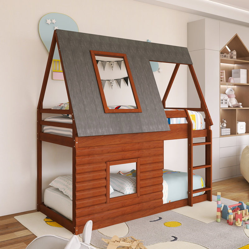 Lit superposé simple au-dessus de simple avec cadre en bois avec toit, échelle et 2 fenêtres