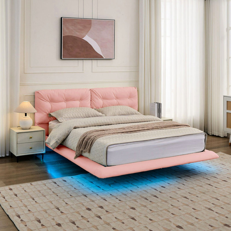 Structure de lit rembourrée avec lumières DEL et tête de lit capitonnée, Rose