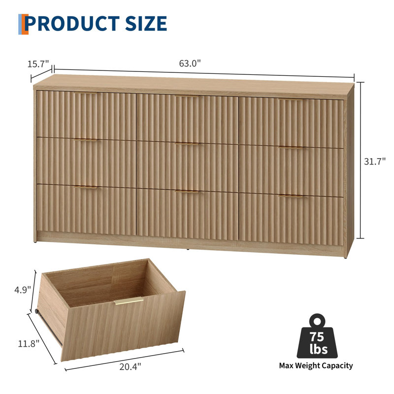 Fluted 9-Drawer Dresser, Large Capacity Wood Storage Organizer with Anti-Tip Design, Retro Bedroom Dresser & Nightstand for Hallway and Entryway - Natural