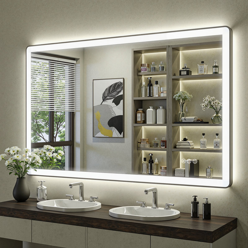 Lunara Independent Dual Backlit&Front Lights LED Wall Mirror, Rounded Corner Matte Black Metal Framed Bathroom Mirror with Tempered Glass