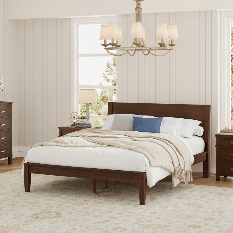 Mid-Century Modern Solid Wood Tenon Structure Bed Frame, Queen, Walnut