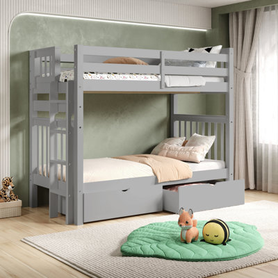 Treva Tall Solid Wood Standard Bunk Beds Twin over Twin, 4 Step Ladder, 2 Under-Bed Drawers, Gray