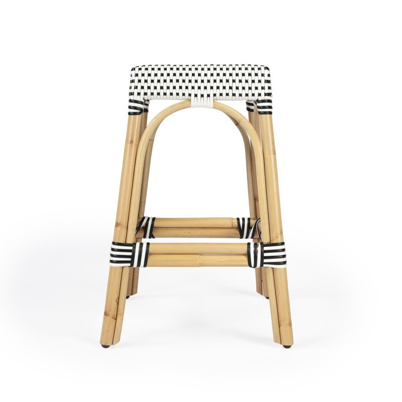 Robias Rattan Bar & Counter Stool, White/Black Dot/ Natural Rattan Frame, Counter Stool (24.5" Seat Height)