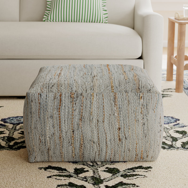 Carden Leather Pouf, Pale Blue Genuine Leather