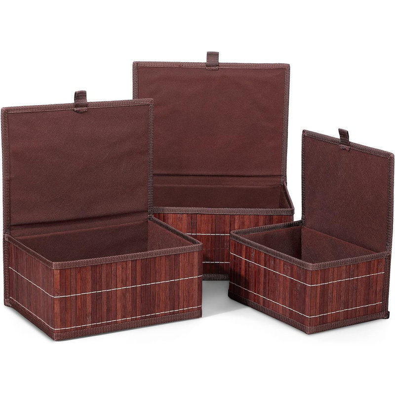 Bamboo Decorative Storage Boxes - Set Of 3 Woven Lined Storage Basket With Lids, Retro Brown Wicker Lidded Baskets For Home Kitchen Shelf Organizer Decor