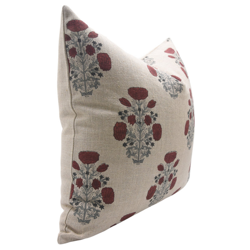 Coussin décoratif en lin imprimé à la main Fab Divine Swadesh, 18 po x 18 po, Motif floral rouge 4, Carré