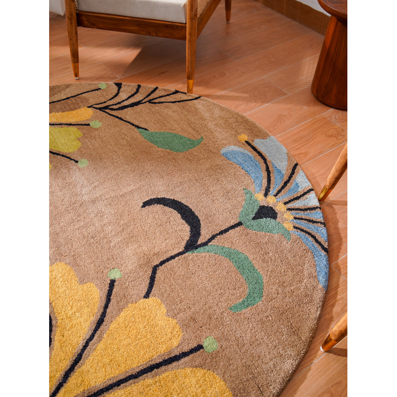 Styles Hand Tufted Wool Eco-Friendly Area Rugs - Round, Camel Color, Floral Modern Design, High Pile Thick Handmade Anti Skid Area Rugs for Living Room, Bed Room