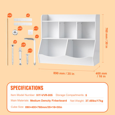 Meuble de rangement en bois pour enfants, armoire à jouets en bois à 5 compartiments, organisateur de jouets avec étagère, étagère à livres pour chambre d'enfant, salle de jeux, maternelle, crèche, blanc