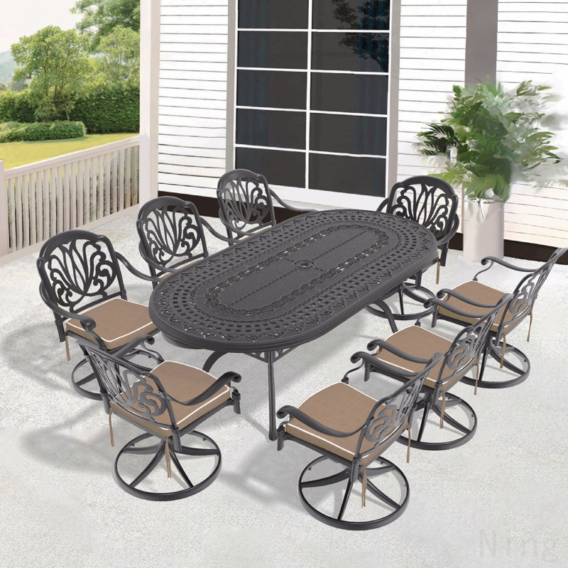 Ensemble de salle à manger 9 pièces en fonte d'aluminium, comprenant 8 chaises pivotantes et une table ovale avec cadre noir