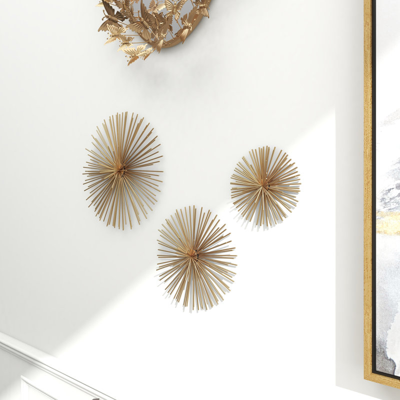 Gold Metal Starburst 3D Short Spike Home Wall Decor, Set of 3 6", 9", 12"W, Gold