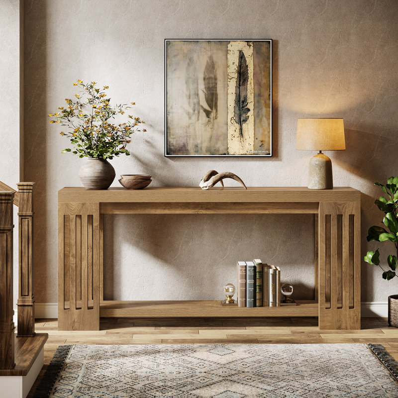 70.9'' Farmhouse Console Table with 2-Tier Storage, Light Brown