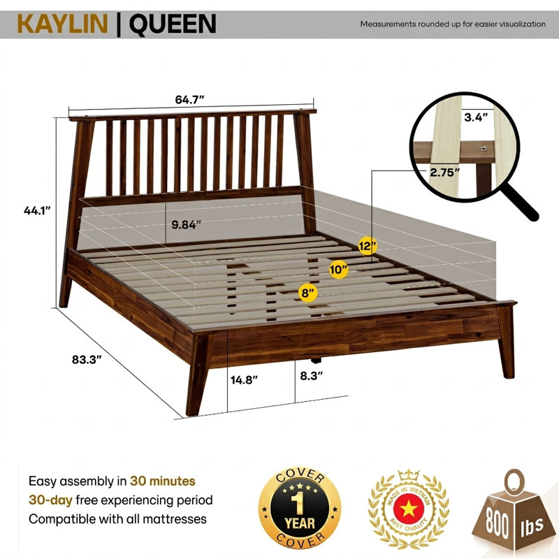 Kaylin Premium Solid Wood Platform Bed Frame with Headboard – 800 lb Capacity, No Box Spring Needed, Fits All Mattresses