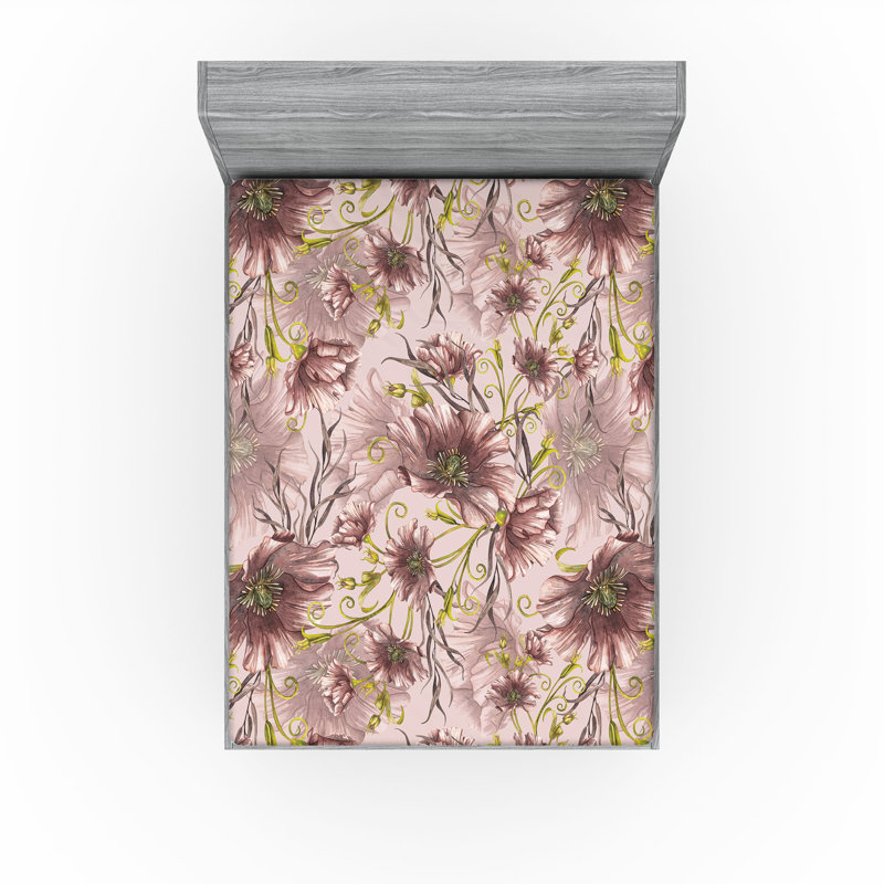 Drap-housse rustique Ambesonne, Rosé, jaune, vert / floral, Drap-housse très grand californien