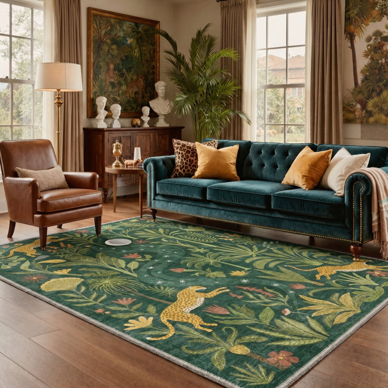 Alcoa Veridian Animal Print Machine Washable Green / Yellow Indoor Area Rug with Non-Slip Backing, Rectangle 5' x 7'