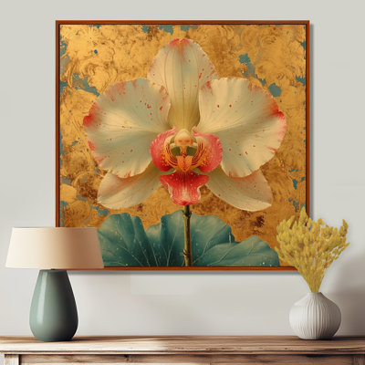 «Blooming White Orchids Pink Core On Retro Gold», reproduction d'art murale orchidée