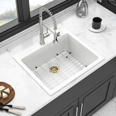 25X22" White Quartz Drop - In Kitchen Sink, Thick Stone For Quiet Use And Vibration Reduction, Non Scratch Porous Surface, Package With Drying Rack Elimination, Scratch ,