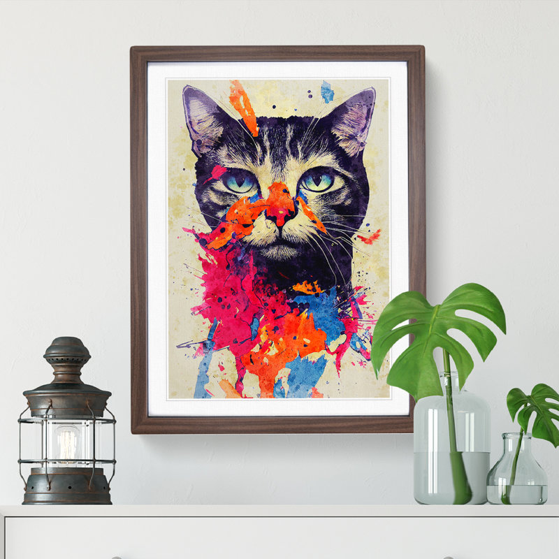 Catt Paint Splash No.6 - Wall Art, 66cm H x 48cm W x 2cm D, Walnut Framed, White