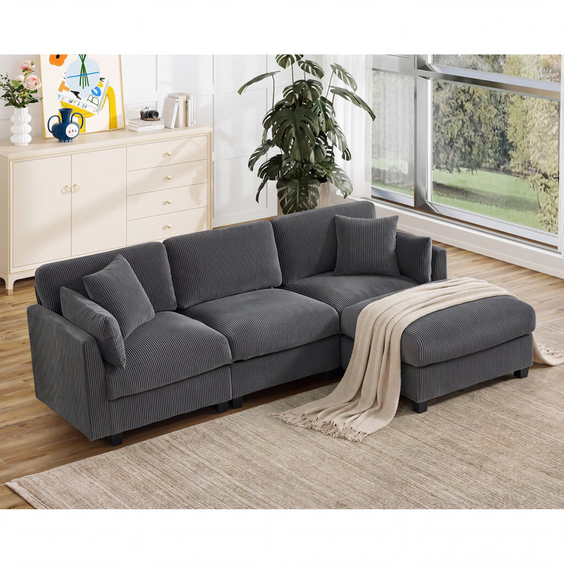 Canapé modulaire rembourré en velours côtelé de 97,9 po Brampton avec repose-pieds amovible Brampton, Stone Grey