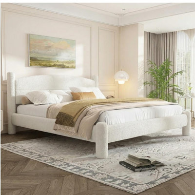 Cloud Bed Frame, Boucle Upholstered Platform Bed with Soft Round Headboard & Cylindrical Legs