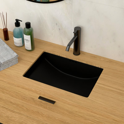 Lavabo de salle de bain en céramique noire 21 po x 14,75 po, lisse et brillant, débit d'eau efficace, lavabo à installation verticale encastrée 21 po x 14,75 po, sophistication minimaliste, - acide, facile à entretenir