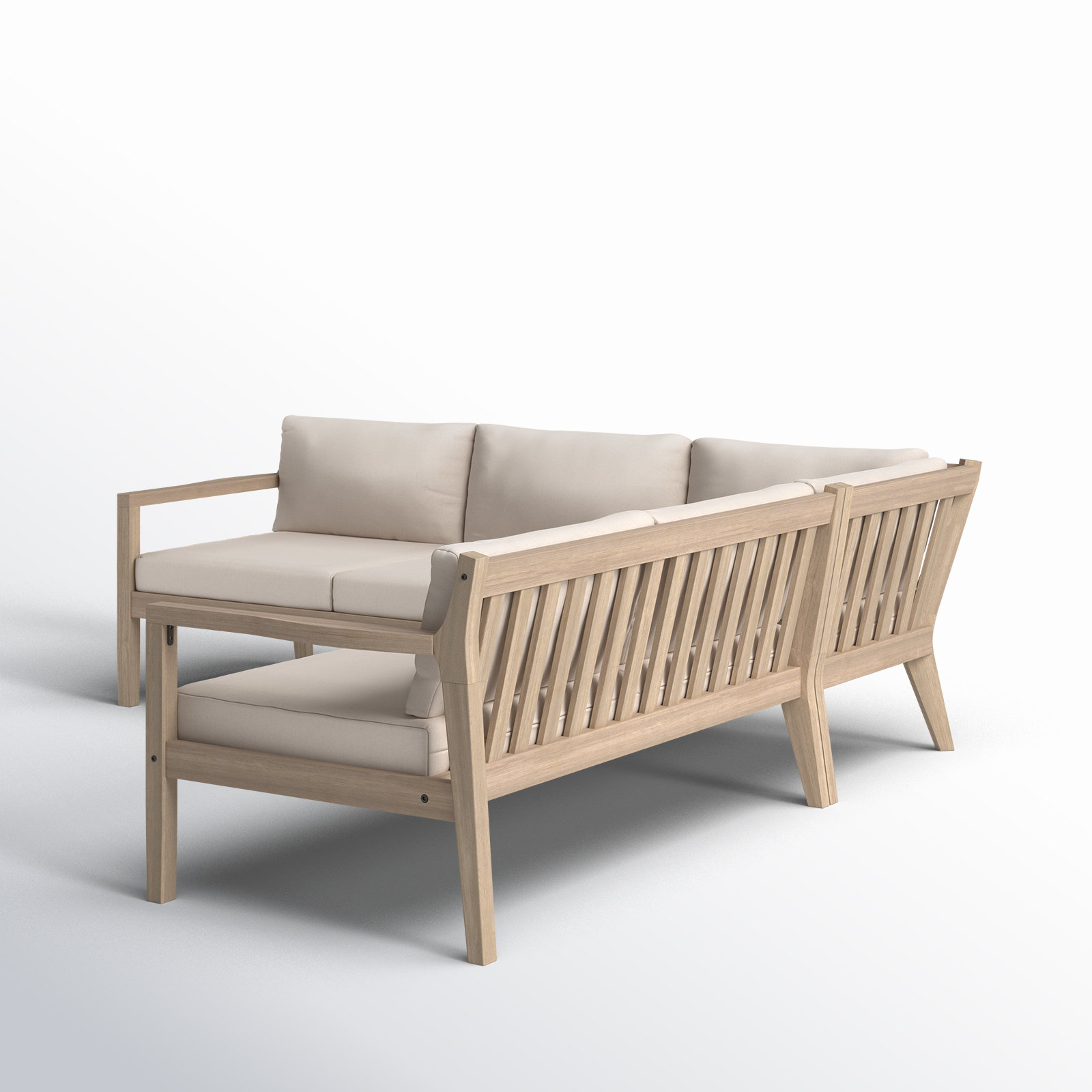 Amina 3 Piece Outdoor Acacia L Shape Sectional , Antique Beige Sunbrella® Canvas