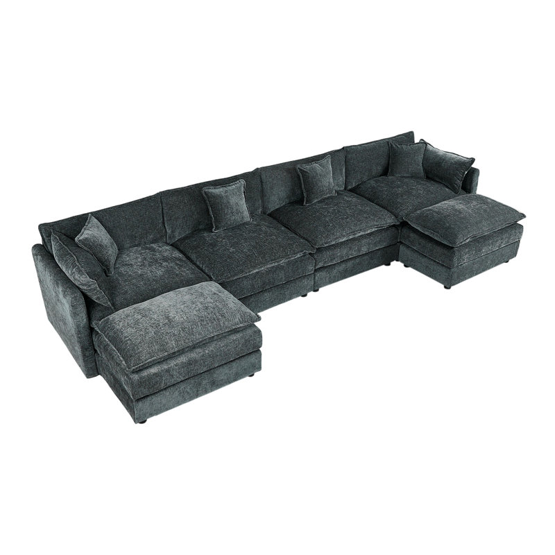 Modern Chenille Loveseat Sofa Couch With Ottoman, Gray Chenille, 33.85" H x 147.22" W x 35.82" D