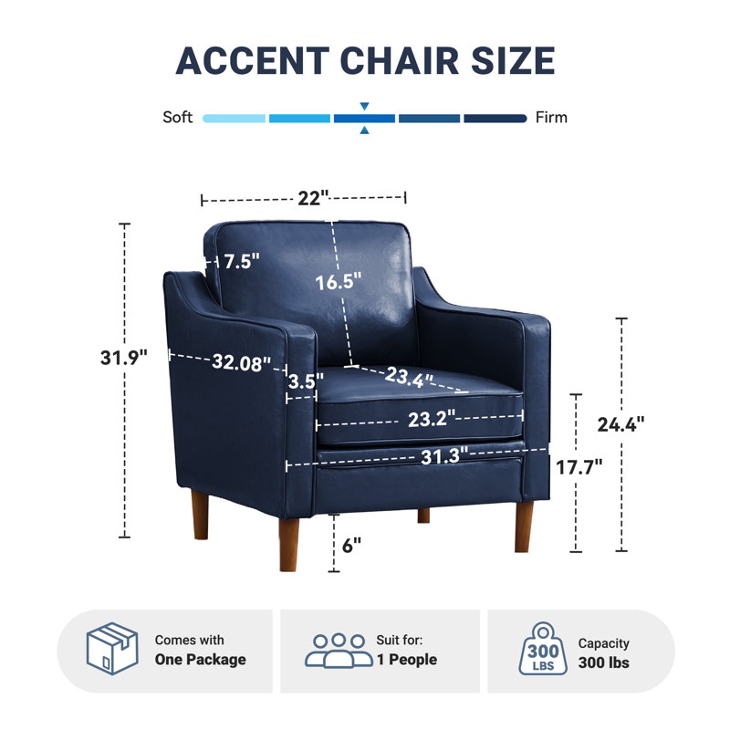 32" W Modern Soft Faux Leather Chair, Royal Blue Faux Leather