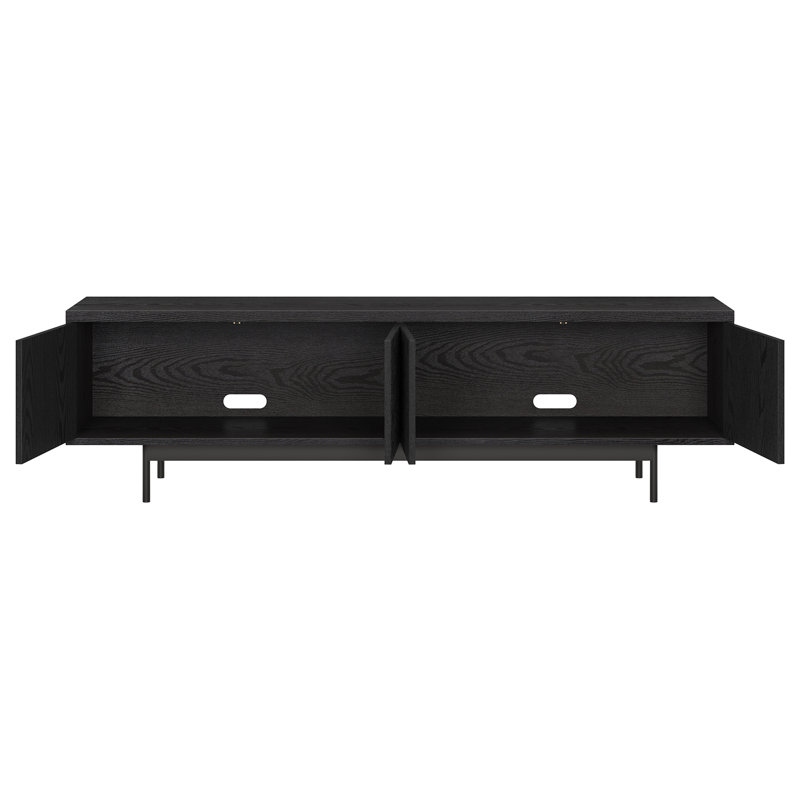 Meuble télé 70 po pour téléviseur de 75 po ou moins avec portes cannelées, rangement et gestion des câbles - Console média Mid-Century moderne grain de noir pour le salon | Whitman